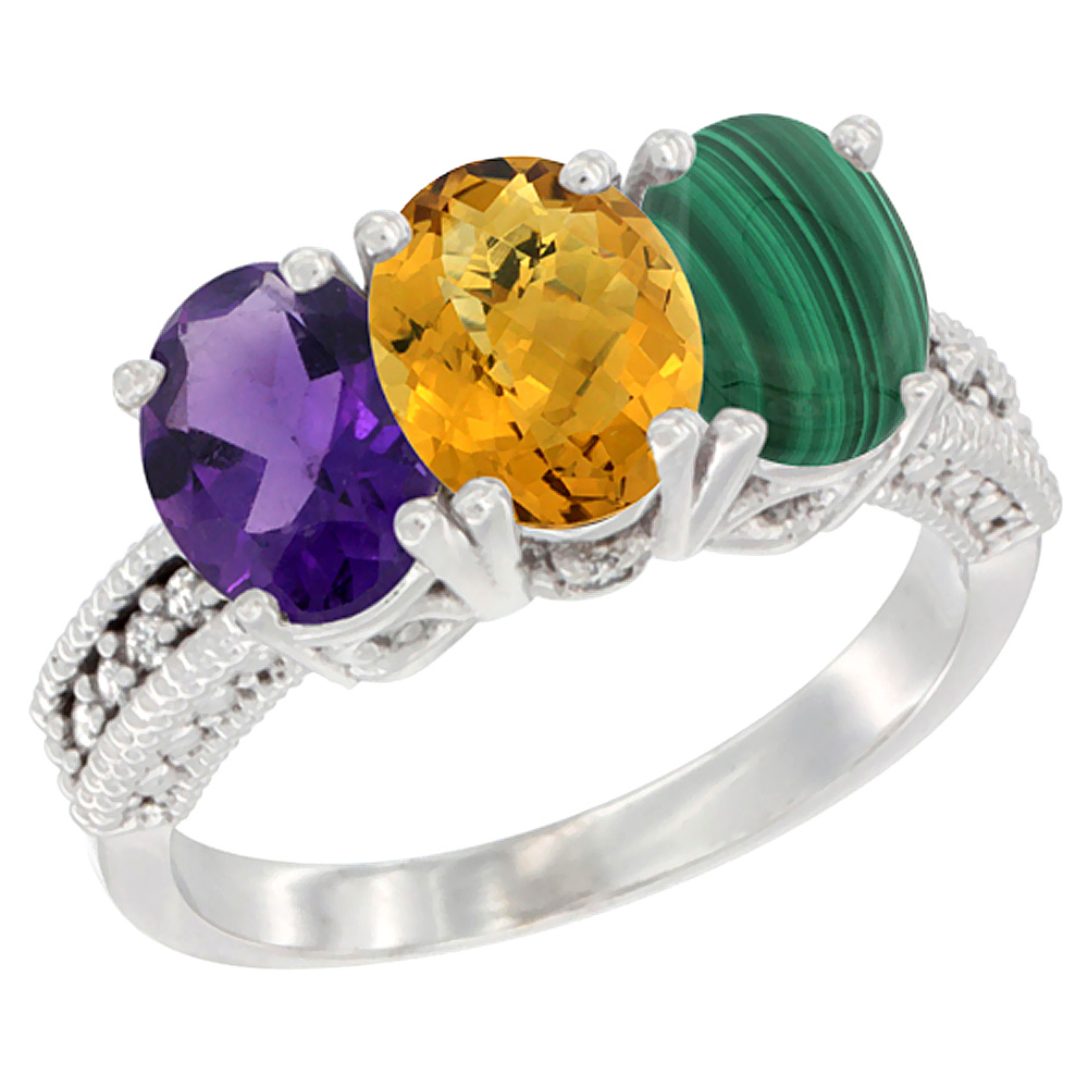 14K White Gold Natural Amethyst, Whisky Quartz &amp; Malachite Ring 3-Stone 7x5 mm Oval Diamond Accent, sizes 5 - 10