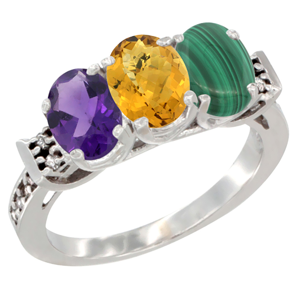 14K White Gold Natural Amethyst, Whisky Quartz &amp; Malachite Ring 3-Stone 7x5 mm Oval Diamond Accent, sizes 5 - 10