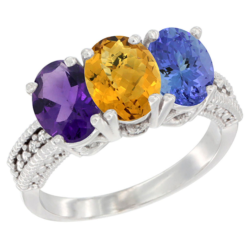 14K White Gold Natural Amethyst, Whisky Quartz & Tanzanite Ring 3-Stone 7x5 mm Oval Diamond Accent, sizes 5 - 10