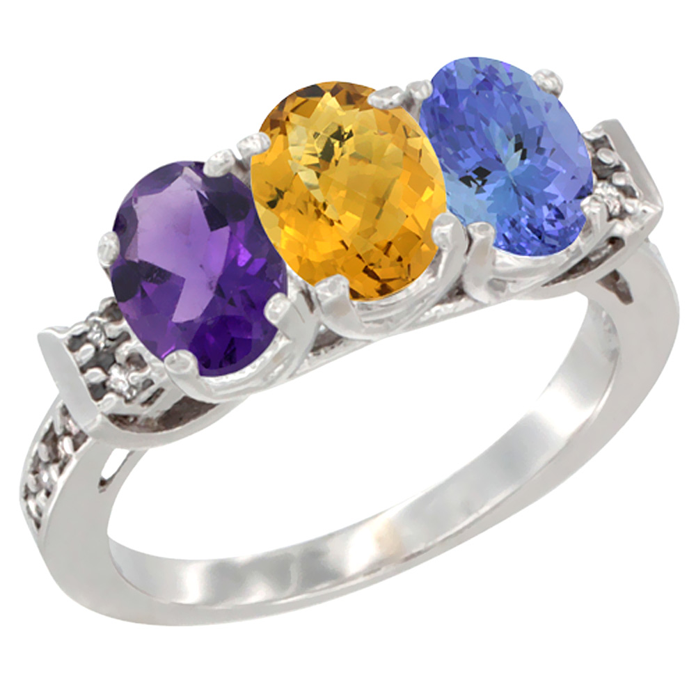 14K White Gold Natural Amethyst, Whisky Quartz & Tanzanite Ring 3-Stone 7x5 mm Oval Diamond Accent, sizes 5 - 10