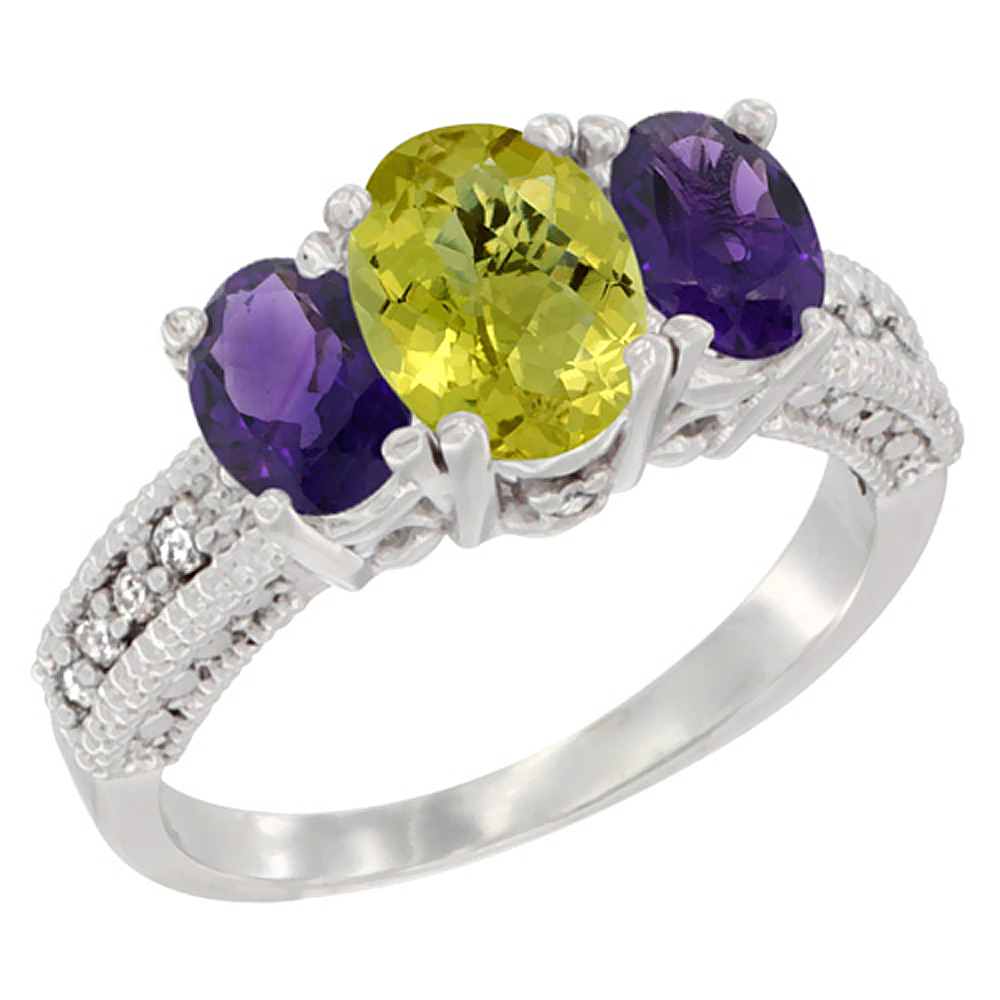 14K White Gold Diamond Natural Lemon Quartz Ring Oval 3-stone with Amethyst, sizes 5 - 10