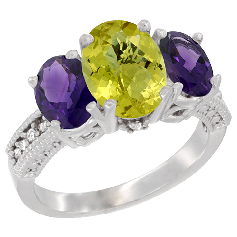 14K White Gold Diamond Natural Lemon Quartz Ring 3-Stone Oval 8x6mm with Amethyst, sizes5-10