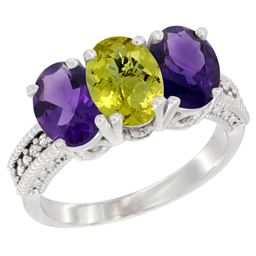 10K White Gold Natural Lemon Quartz &amp; Amethyst Sides Ring 3-Stone Oval 7x5 mm Diamond Accent, sizes 5 - 10