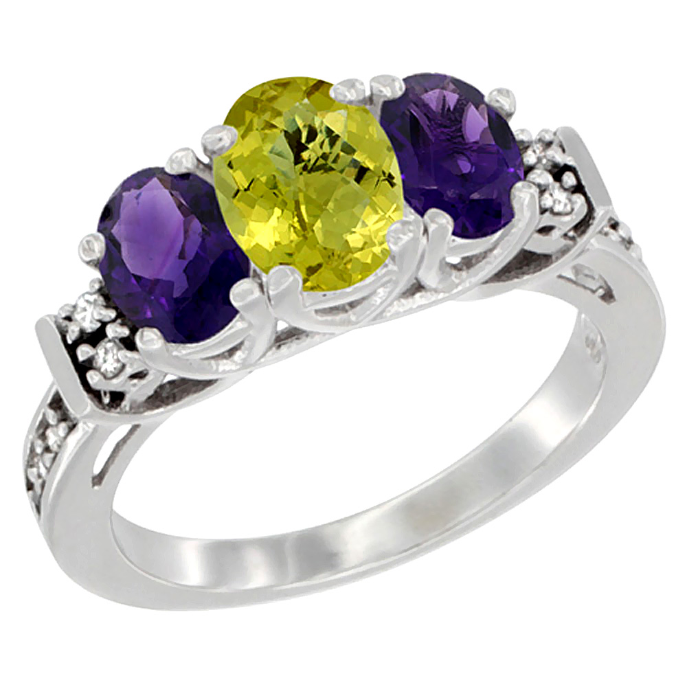 10K White Gold Natural Lemon Quartz & Amethyst Ring 3-Stone Oval Diamond Accent, sizes 5-10