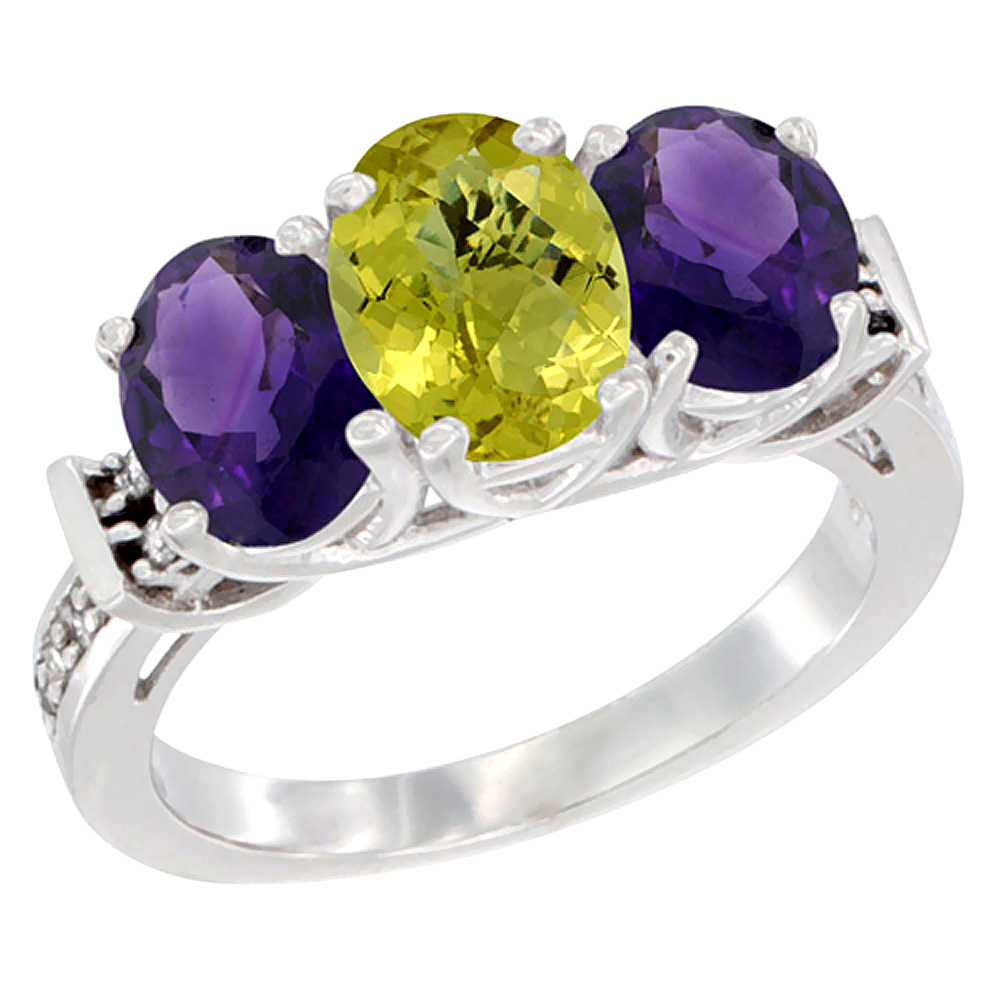 14K White Gold Natural Lemon Quartz &amp; Amethyst Sides Ring 3-Stone Oval Diamond Accent, sizes 5 - 10