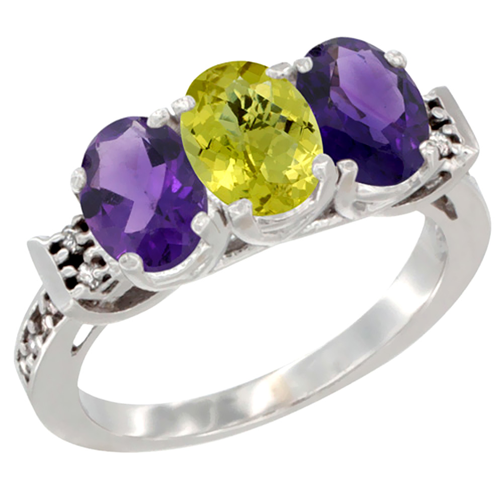 14K White Gold Natural Lemon Quartz & Amethyst Sides Ring 3-Stone 7x5 mm Oval Diamond Accent, sizes 5 - 10