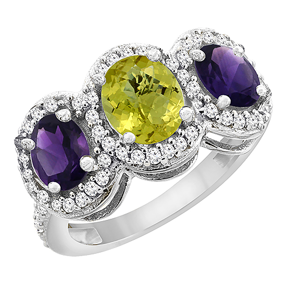 14K White Gold Natural Lemon Quartz & Amethyst 3-Stone Ring Oval Diamond Accent, sizes 5 - 10