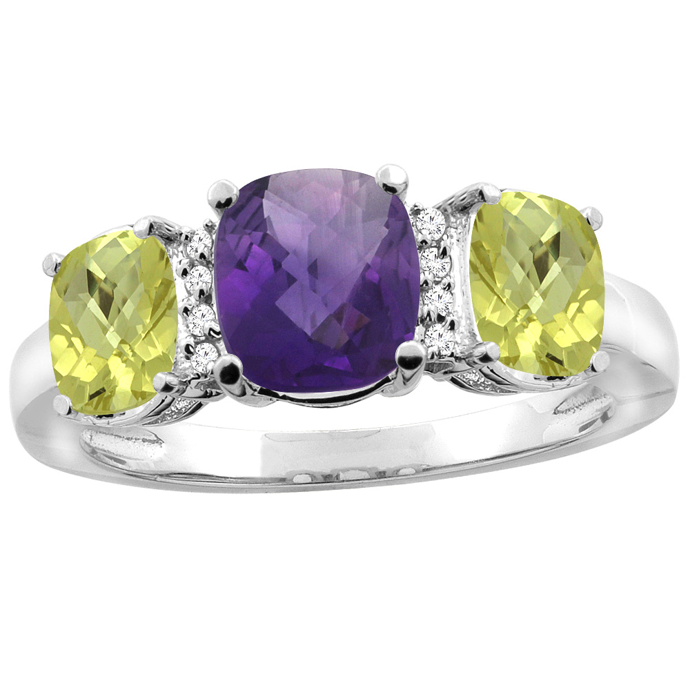 10K White Gold Natural Amethyst &amp; Lemon Quartz 3-stone Ring Cushion 8x6mm Diamond Accent, sizes 5 - 10