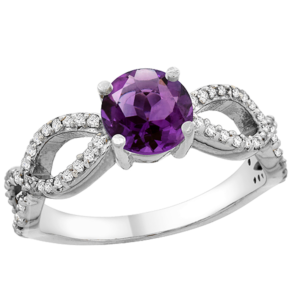 10K White Gold Genuine Amethyst Ring Round 6mm Infinity Diamond Accents sizes 5 - 10