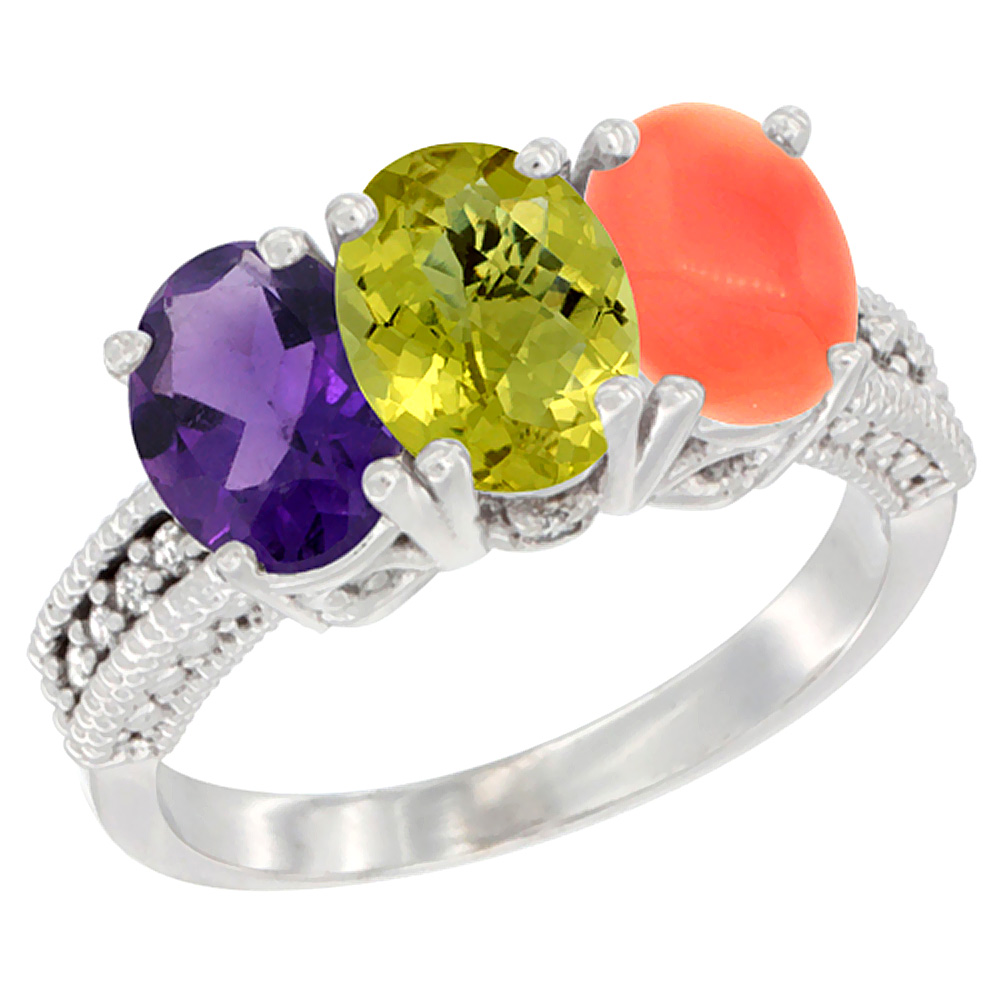 14K White Gold Natural Amethyst, Lemon Quartz & Coral Ring 3-Stone 7x5 mm Oval Diamond Accent, sizes 5 - 10