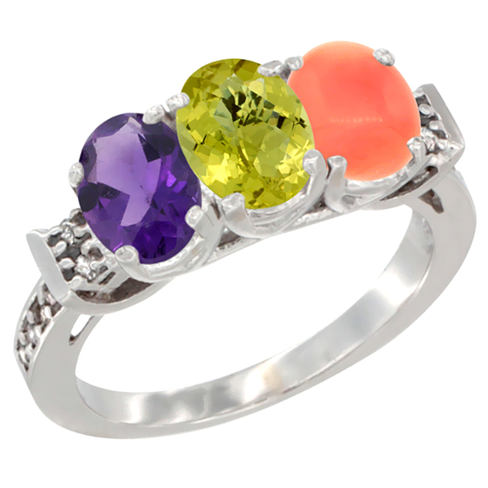 14K White Gold Natural Amethyst, Lemon Quartz &amp; Coral Ring 3-Stone 7x5 mm Oval Diamond Accent, sizes 5 - 10