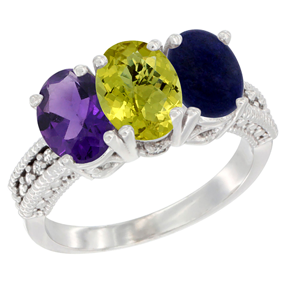 14K White Gold Natural Amethyst, Lemon Quartz & Lapis Ring 3-Stone 7x5 mm Oval Diamond Accent, sizes 5 - 10