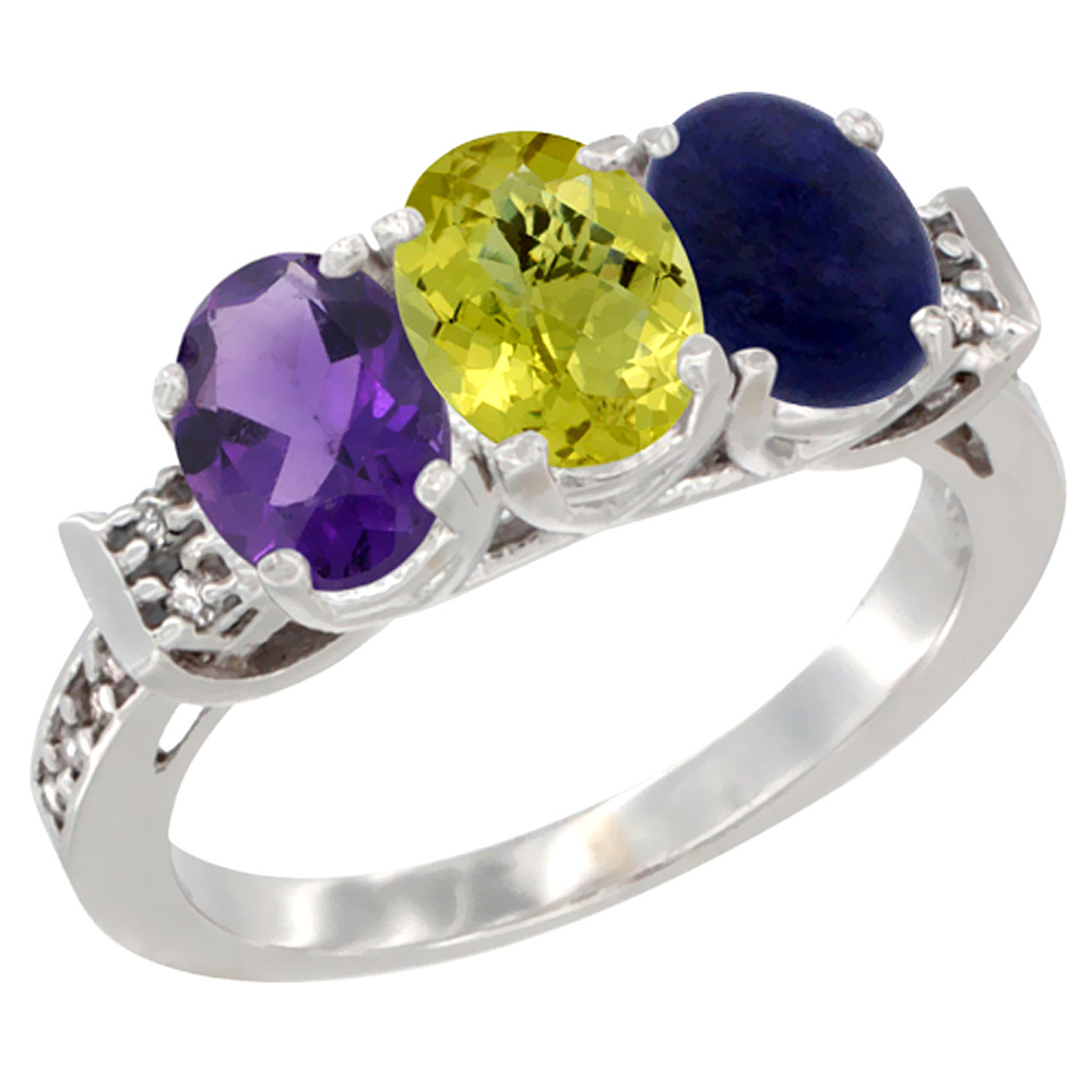 14K White Gold Natural Amethyst, Lemon Quartz &amp; Lapis Ring 3-Stone 7x5 mm Oval Diamond Accent, sizes 5 - 10