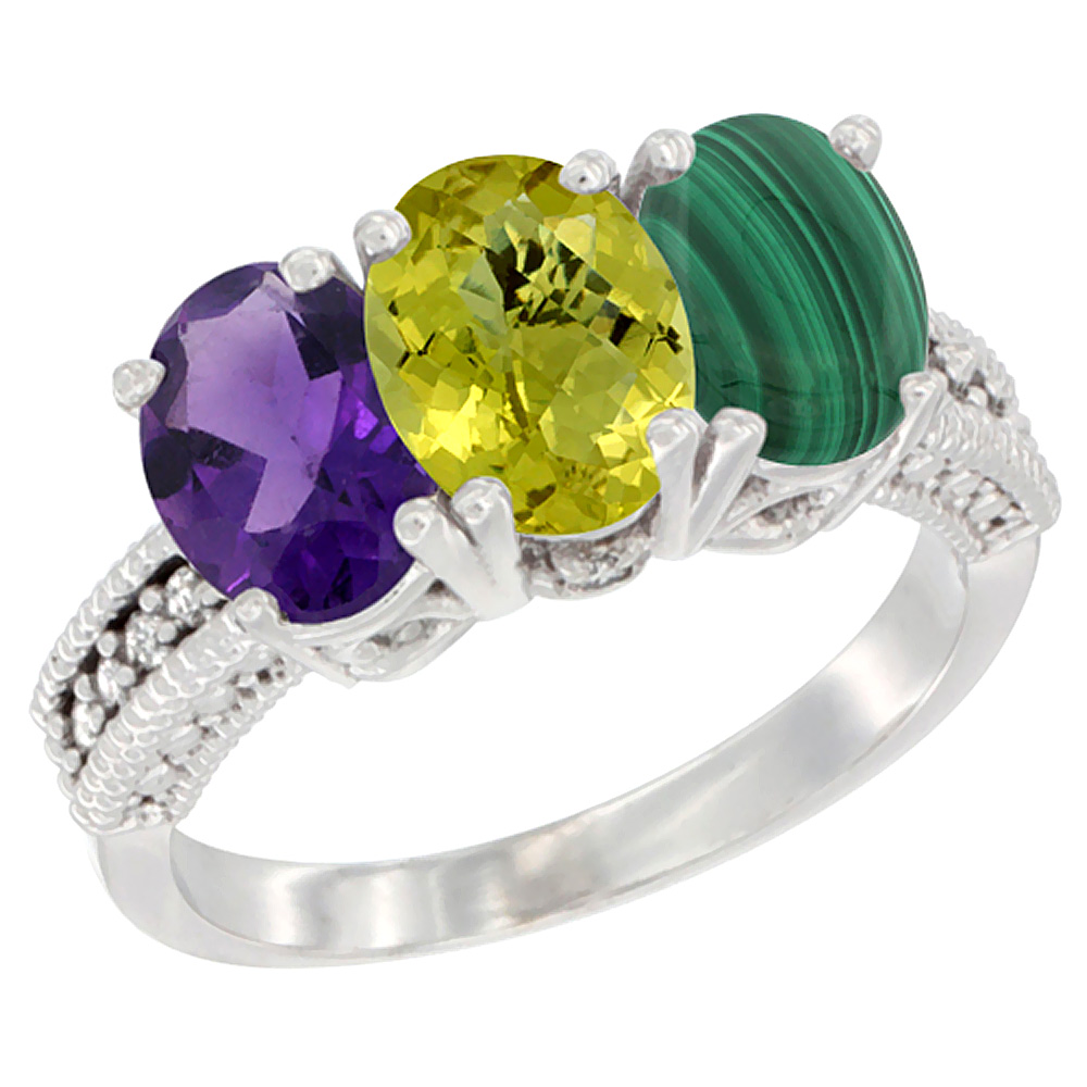 10K White Gold Natural Amethyst, Lemon Quartz &amp; Malachite Ring 3-Stone Oval 7x5 mm Diamond Accent, sizes 5 - 10