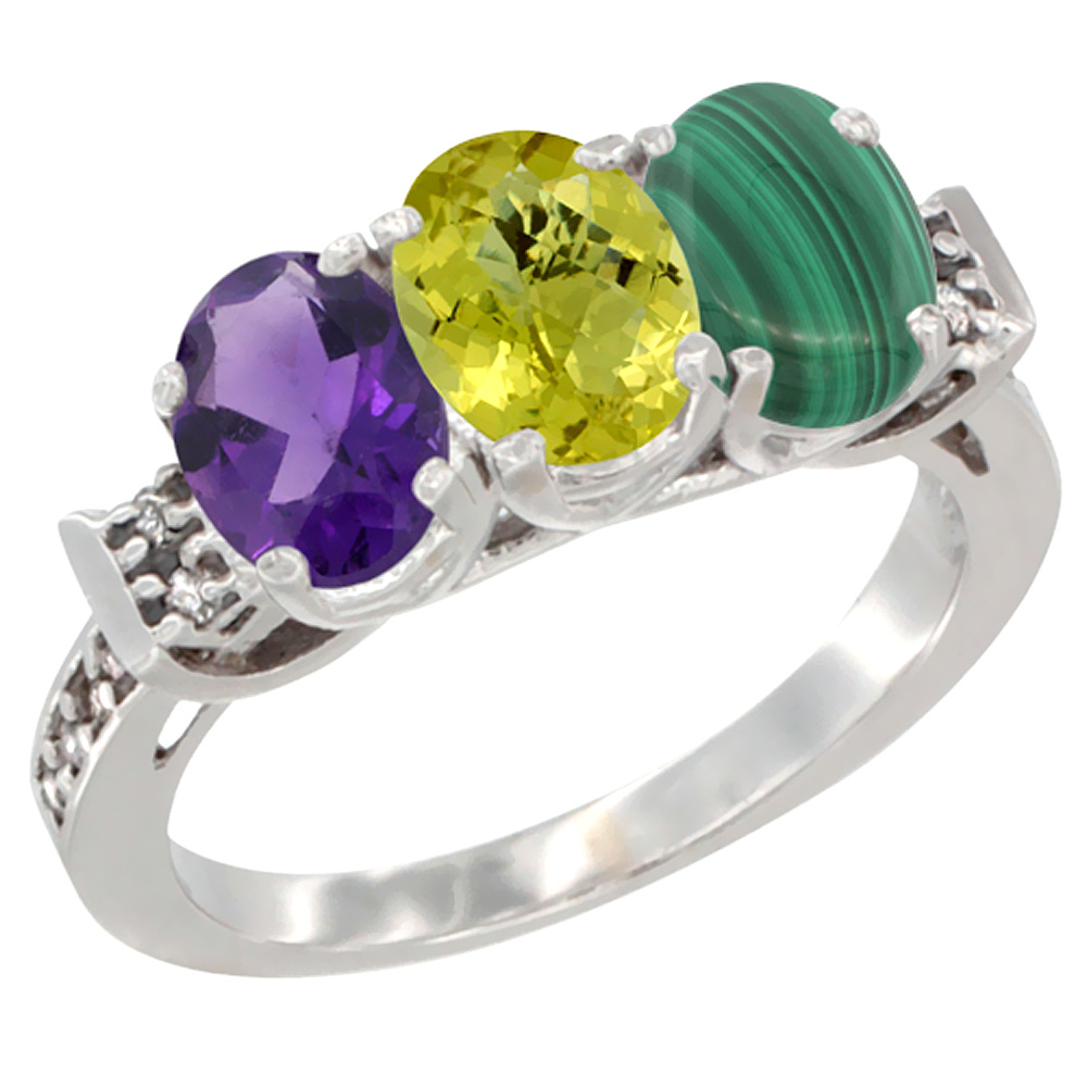 14K White Gold Natural Amethyst, Lemon Quartz &amp; Malachite Ring 3-Stone 7x5 mm Oval Diamond Accent, sizes 5 - 10