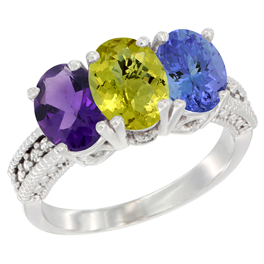 14K White Gold Natural Amethyst, Lemon Quartz & Tanzanite Ring 3-Stone 7x5 mm Oval Diamond Accent, sizes 5 - 10