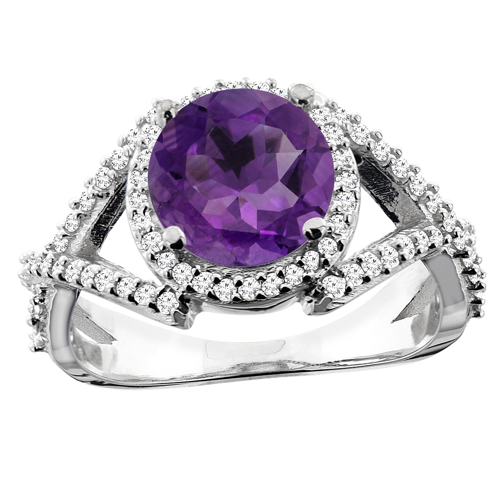 14K White/Yellow/Rose Gold Natural Amethyst Ring Round 8mm Diamond Accent, sizes 5 - 10