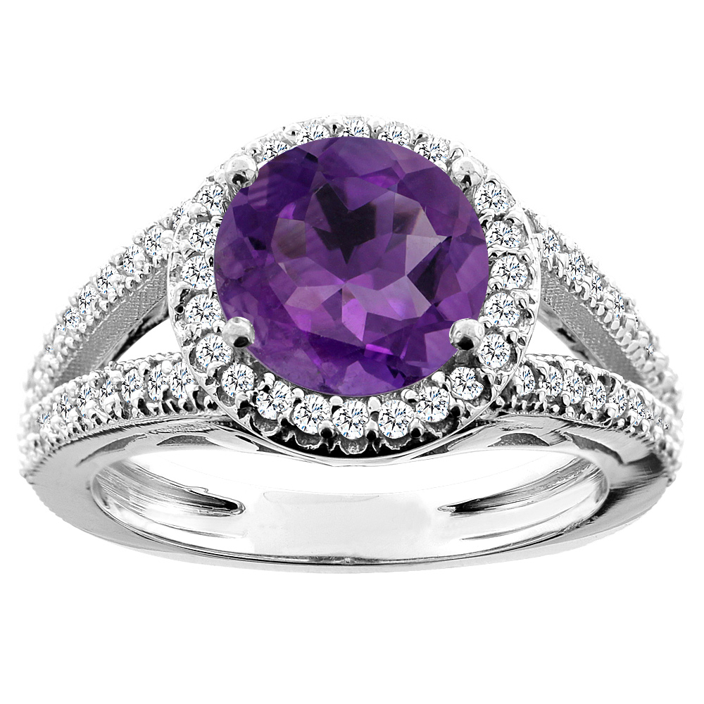 10K White/Yellow/Rose Gold Genuine Amethyst Ring Round 8mm Diamond Accent sizes 5 - 10