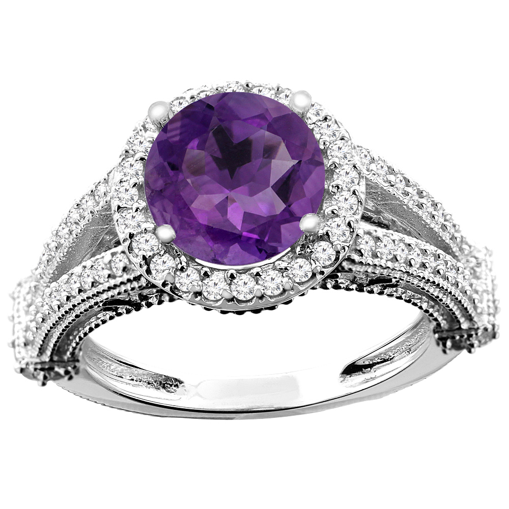 14K White/Yellow/Rose Gold Natural Amethyst Ring Round 8mm Diamond Accent, sizes 5 - 10