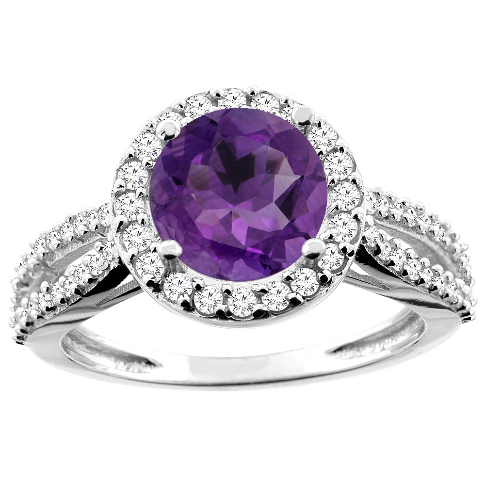 14K White/Yellow/Rose Gold Natural Amethyst Ring Round 8mm Diamond Accent, sizes 5 - 10