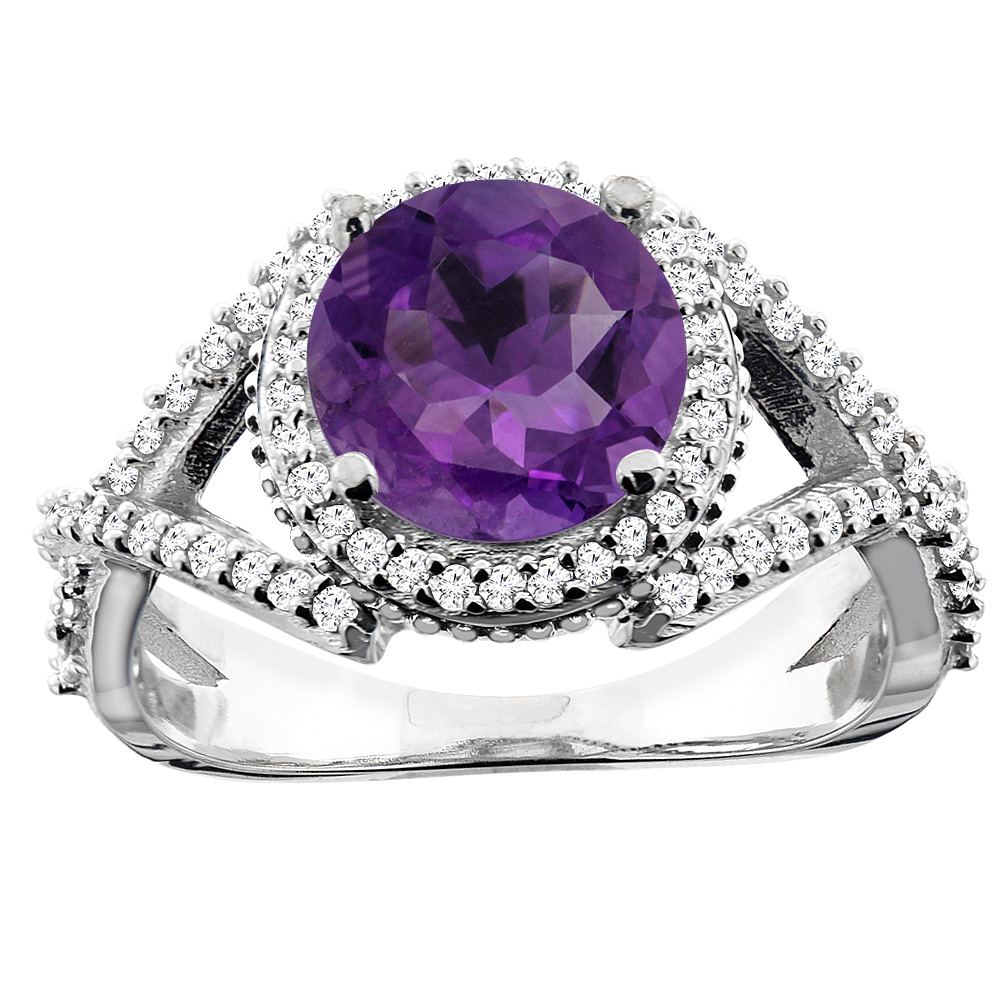 14K White/Yellow/Rose Gold Natural Amethyst Ring Round 8mm Diamond Accent, sizes 5 - 10