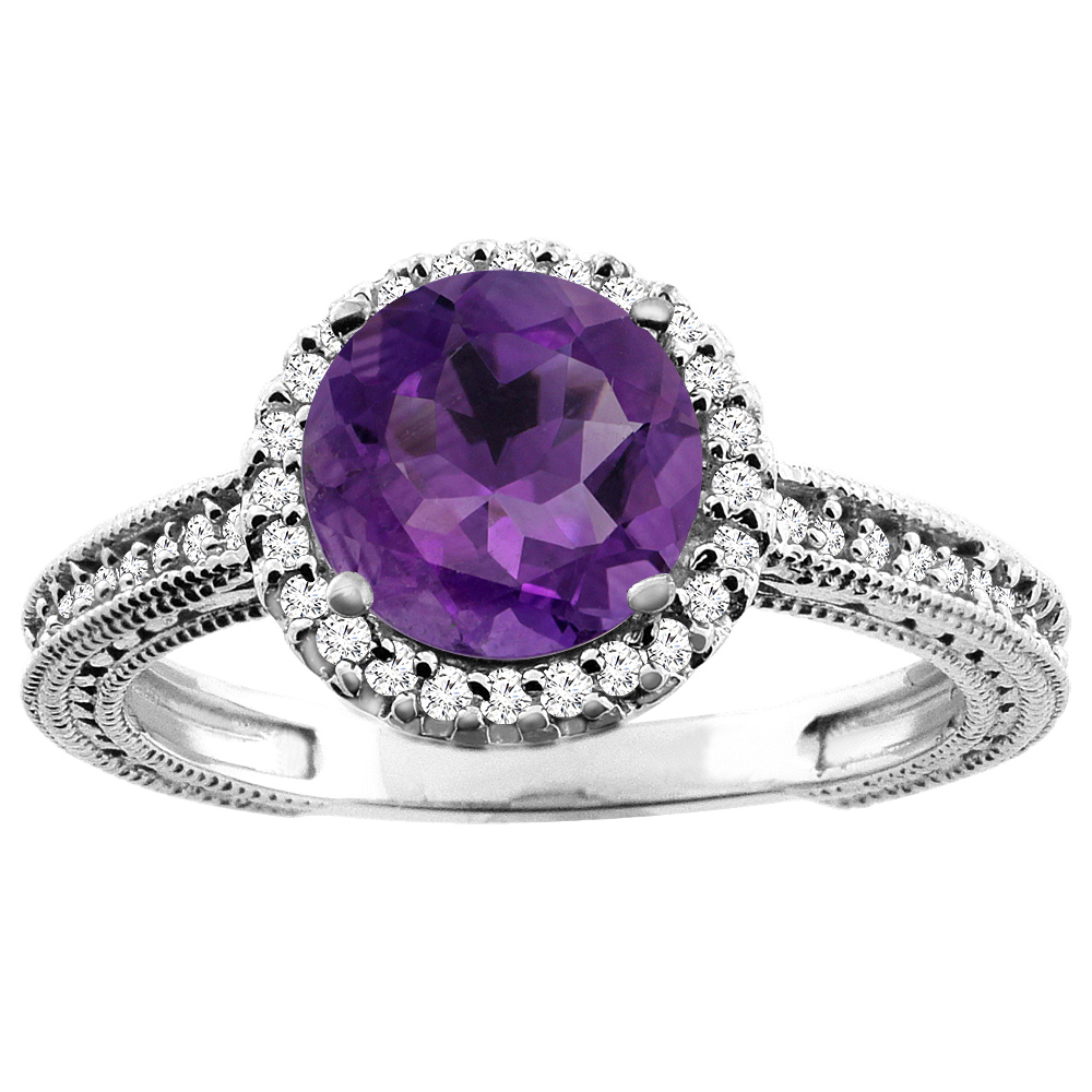 10K White/Yellow/Rose Gold Genuine Amethyst Ring Round 7mm Diamond Accent sizes 5 - 10