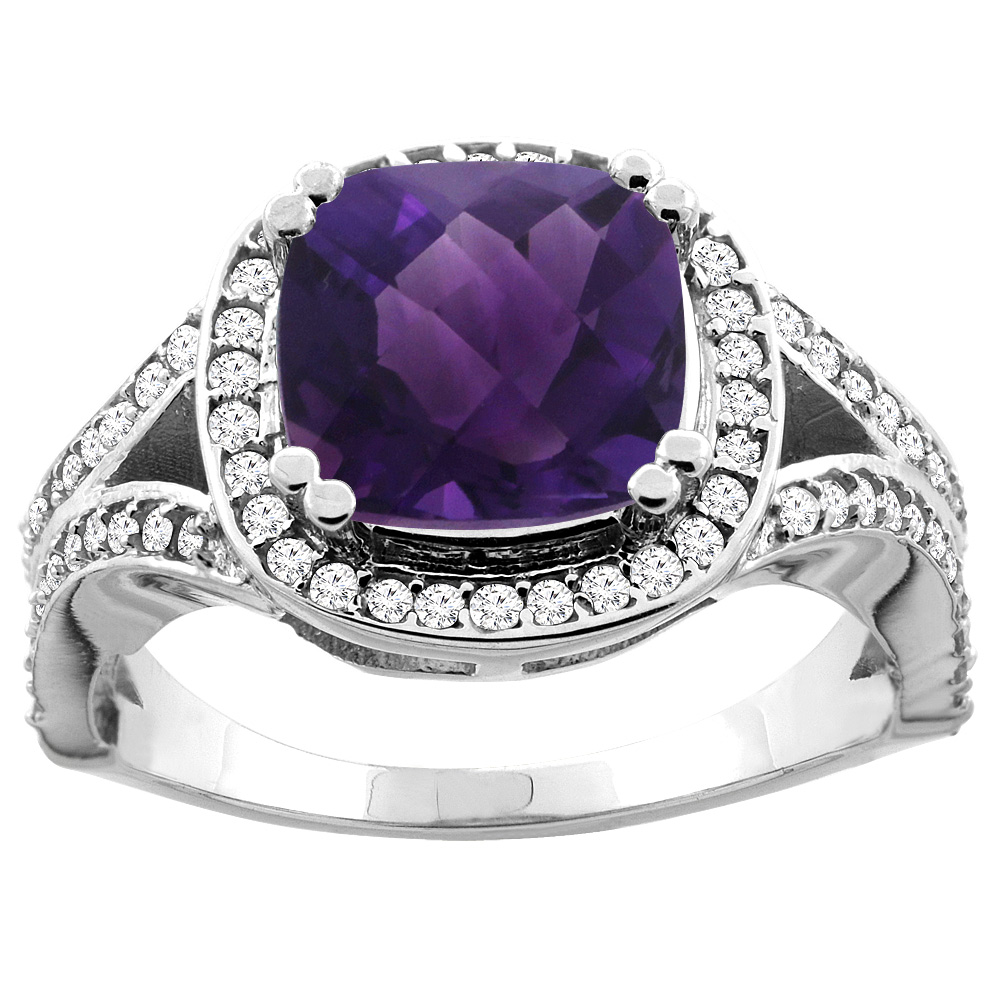 10K Yellow Gold Natural Amethyst Split Ring Cushion 8x8mm Diamond Accent, sizes 5 - 10