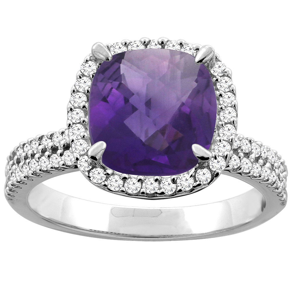 10K White/Yellow Gold Diamond Halo Genuine Amethyst Ring Cushion 9x9mm Accent sizes 5 - 10