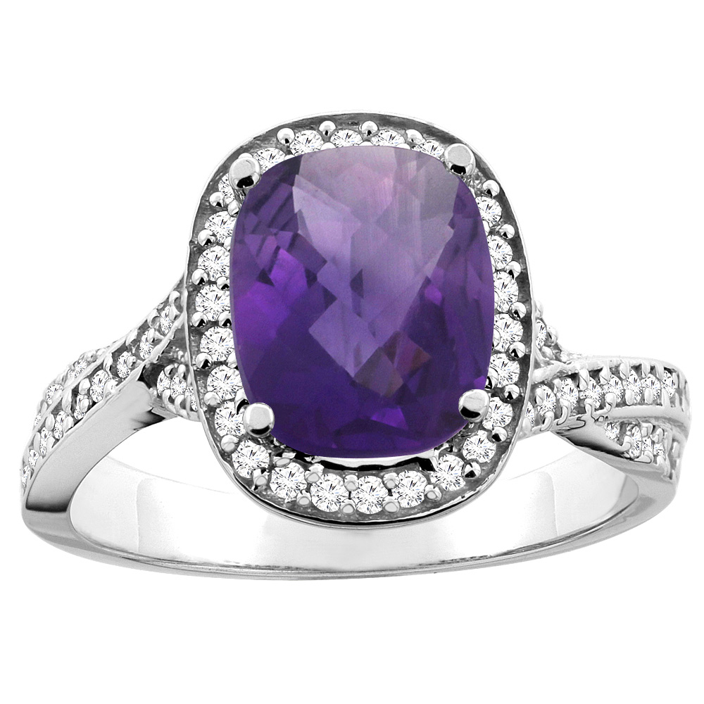 10K White/Yellow Gold Diamond Halo Genuine Amethyst Ring Cushion 9x7mm Accent sizes 5 - 10