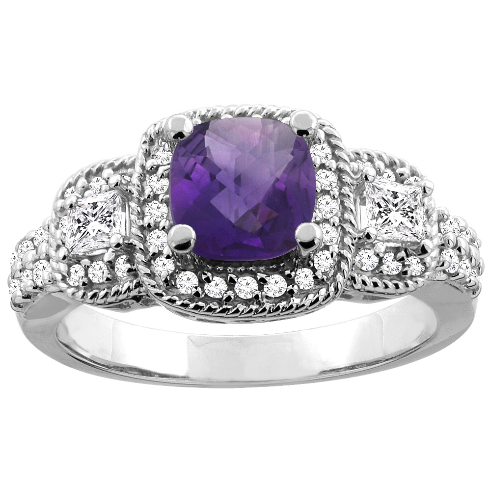 10K White/Yellow Gold Genuine Amethyst Ring Cushion 6x6 mm Diamond Accent sizes 5 - 10