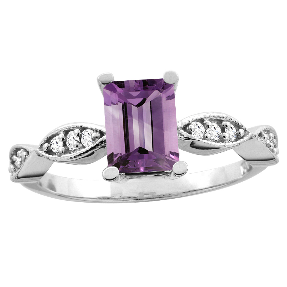 14K White/Yellow Gold Natural Amethyst Ring Octagon 8x6mm Diamond Accent, sizes 5 - 10