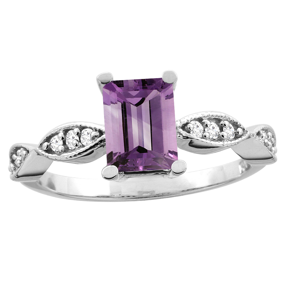 10K White/Yellow Gold Genuine Amethyst Ring Octagon 8x6mm Diamond Accent sizes 5 - 10