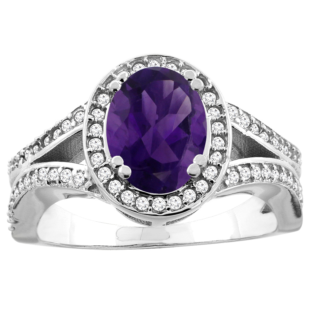 10K White/Yellow Gold Genuine Amethyst Split Ring Oval 8x6mm Diamond Accent sizes 5 - 10