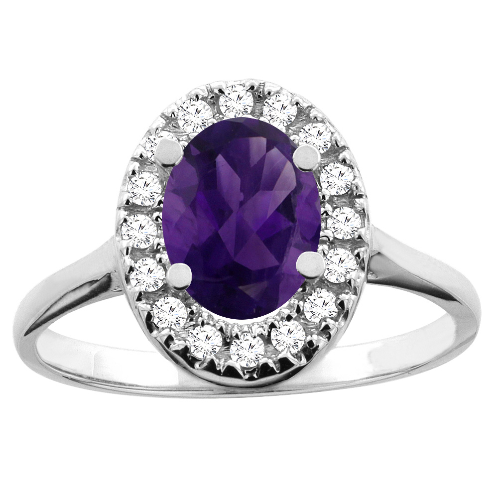 10K White/Yellow Gold Genuine Amethyst Ring Oval 8x6mm Diamond Accent sizes 5 - 10