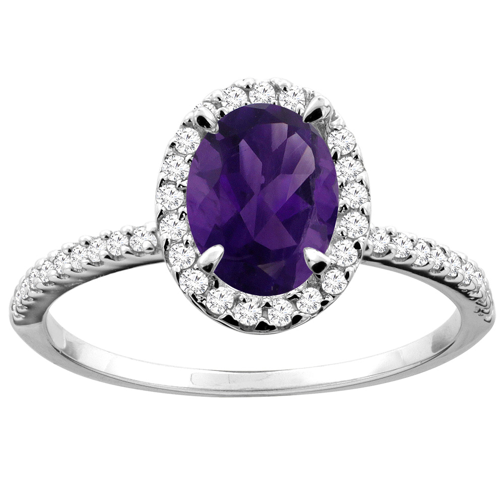 14K White/Yellow Gold Natural Amethyst Ring Oval 8x6mm Diamond Accent, sizes 5 - 10