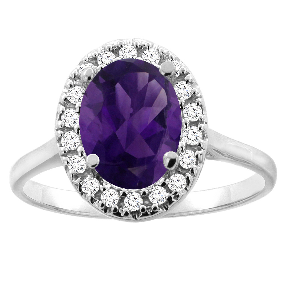 10K Gold Diamond Halo Genuine Amethyst Ring Oval 9x7mm Accent sizes 5 - 10