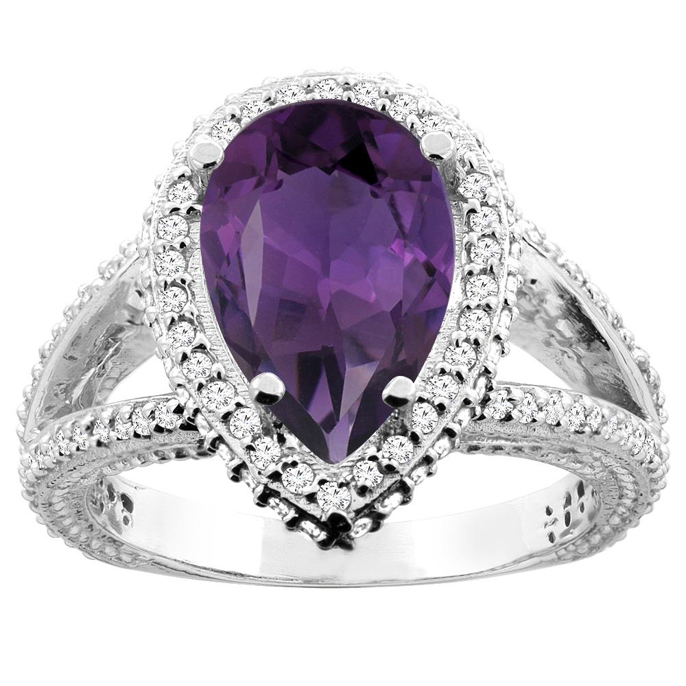 10K White/Yellow Gold Diamond Halo Genuine Amethyst Ring Pear 12x8mm Accents sizes 5 - 10