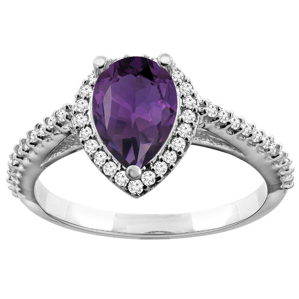 14K White Gold Natural Amethyst Ring Pear 9x7mm Diamond Accents, sizes 5 - 10