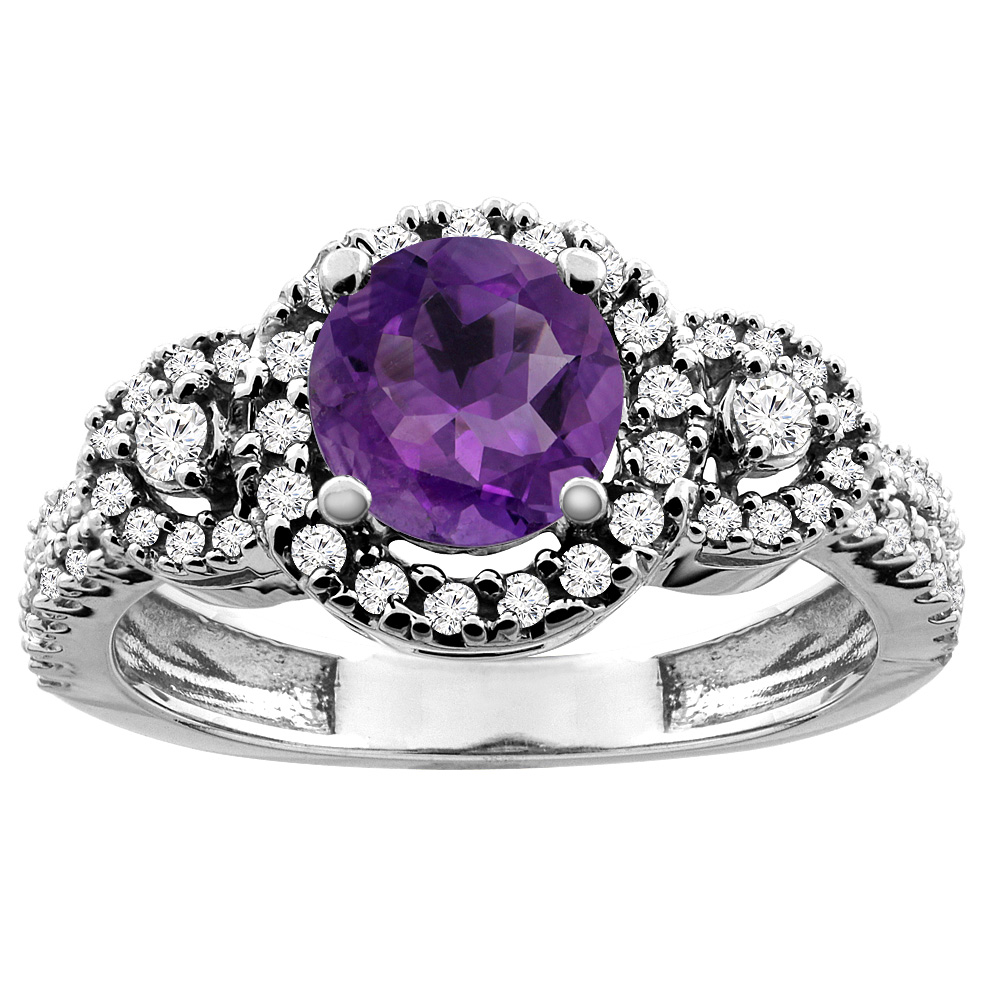 14K White/Yellow Gold Diamond Halo Natural Amethyst Ring Round 6mm, sizes 5 - 10