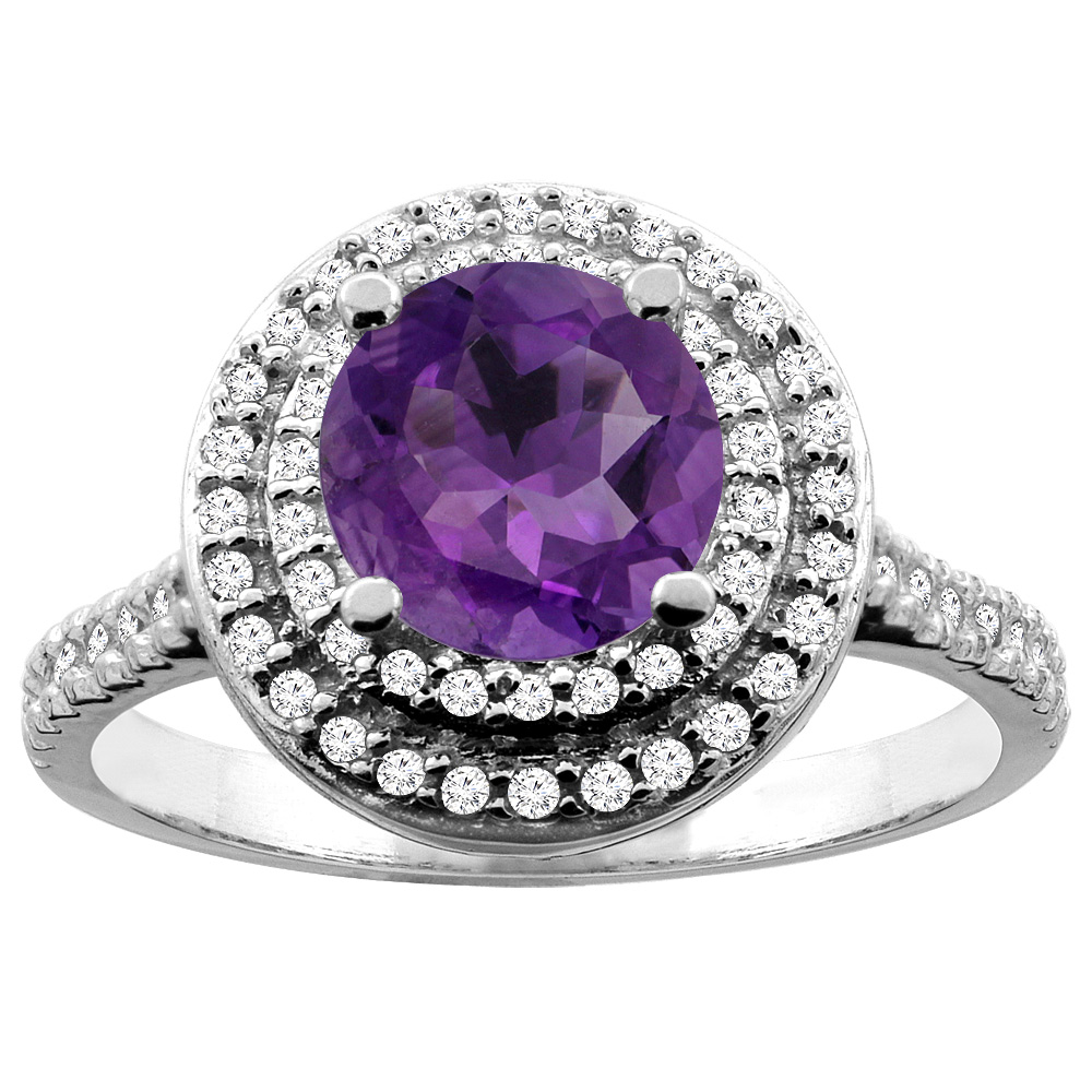 14K White/Yellow Gold Natural Amethyst Double Halo Ring Round 7mm Diamond Accent, sizes 5 - 10