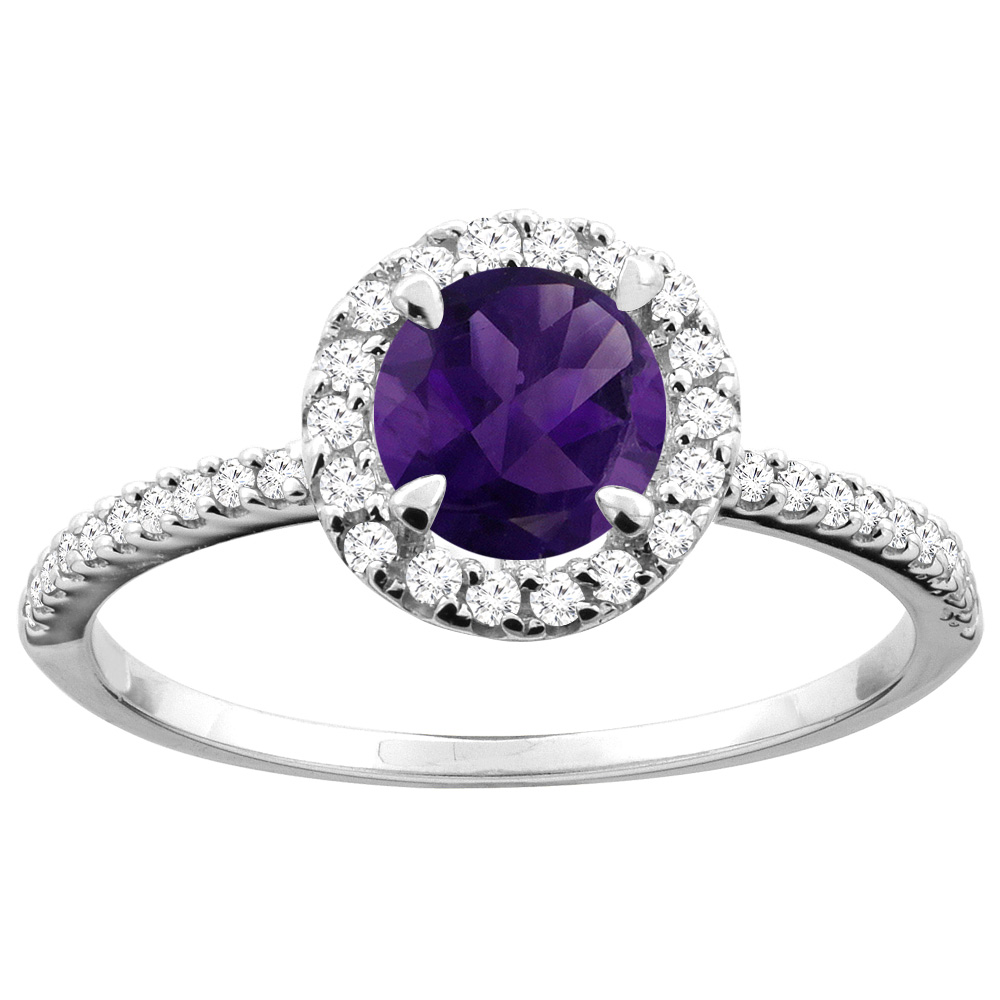 14K Gold Natural Amethyst Ring Round 6mm Diamond Accents, sizes 5 - 10