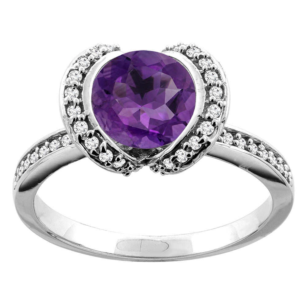 10K White/Yellow Gold Genuine Amethyst Ring Round 7mm Diamond Accent sizes 5 - 10