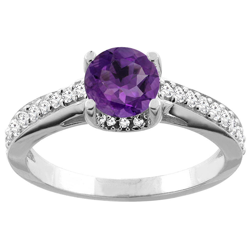 14K White/Yellow Gold Natural Amethyst Ring Round 6mm Diamond Accents 1/4 inch wide, sizes 5 - 10