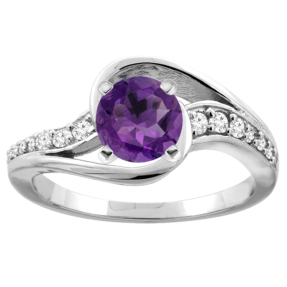 14K White/Yellow Gold Natural Amethyst Bypass Ring Round 6mm Diamond Accent, sizes 5 - 10
