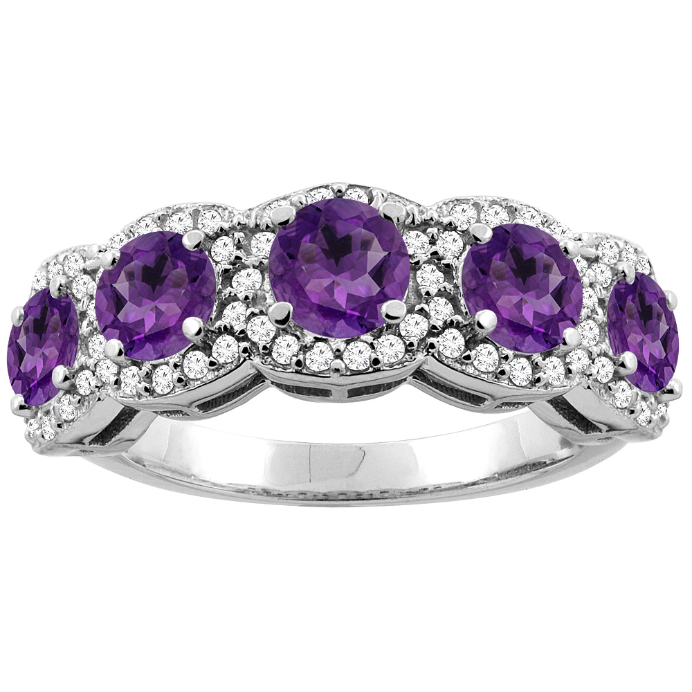 10K Gold Genuine Amethyst 5-Stone Ring Round 4mm sizes 5 - 10