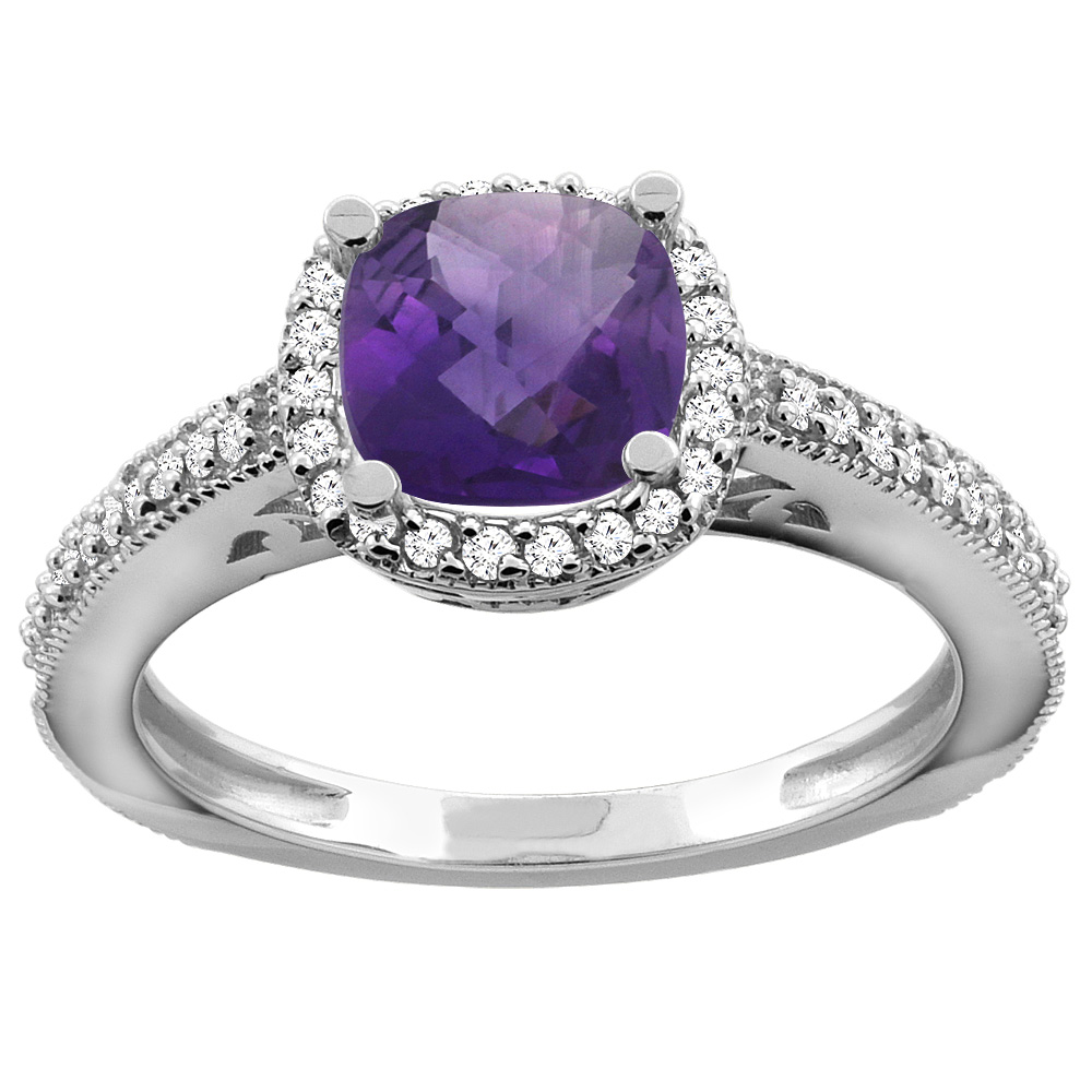 10K Gold Diamond Halo Genuine Amethyst Engagement Ring Cushion 7mm sizes 5 - 10