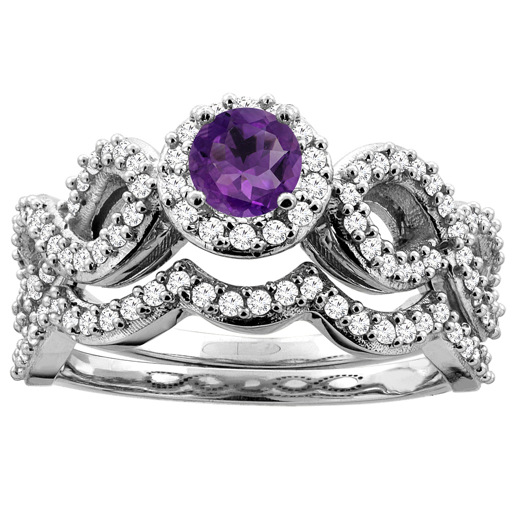 10K White Gold Diamond Halo Genuine Amethyst Engagement Ring Round 5mm 2-piece Accents sizes 5 - 10