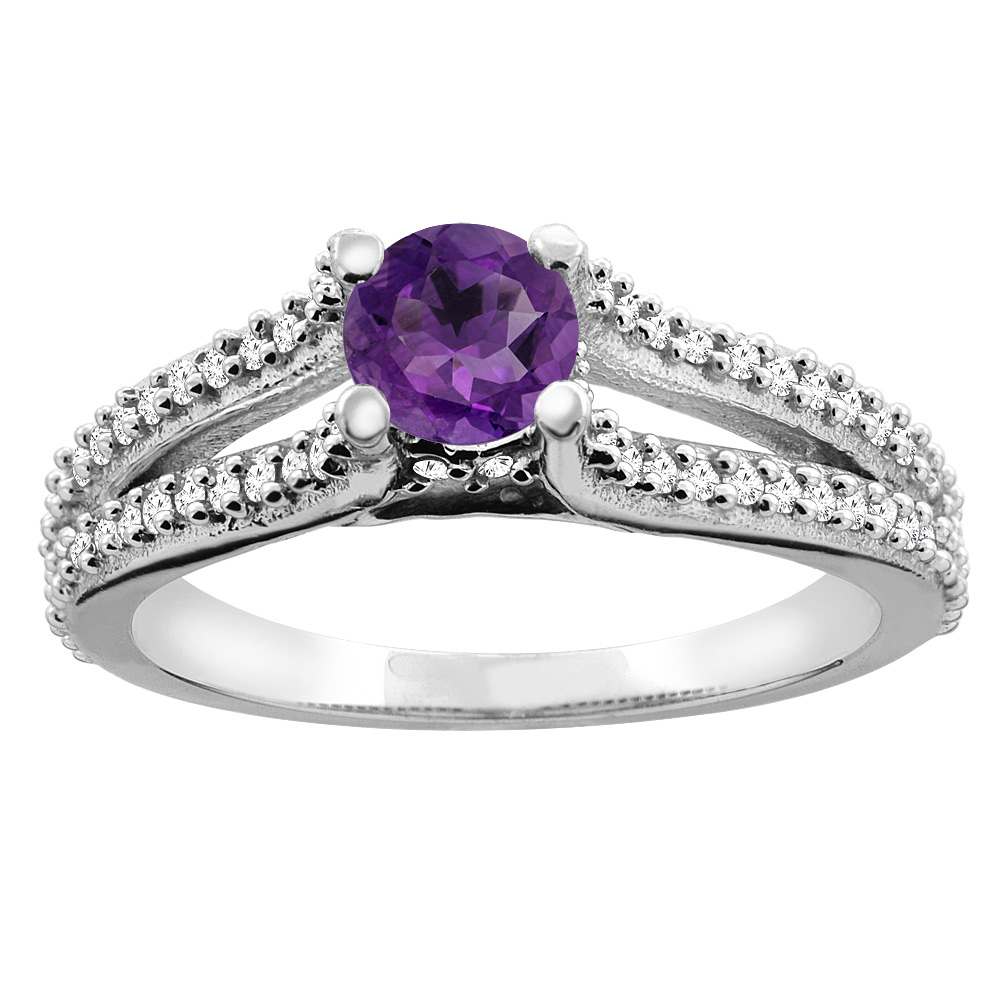 10K White Gold Genuine Amethyst Engagement Split Shank Ring Round 5mm Diamond Accents sizes 5 - 10