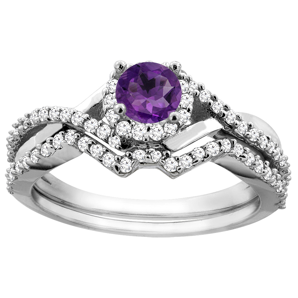 14K Gold Natural Amethyst 2-piece Bridal Ring Set Round 5mm, sizes 5 - 10