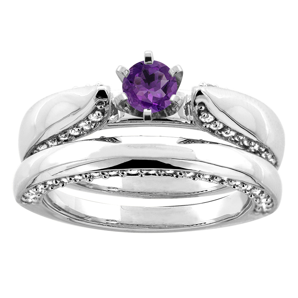 10K Yellow Gold Genuine Amethyst 2-piece Bridal Ring Set Diamond Accents Round 5mm sizes 5 - 10